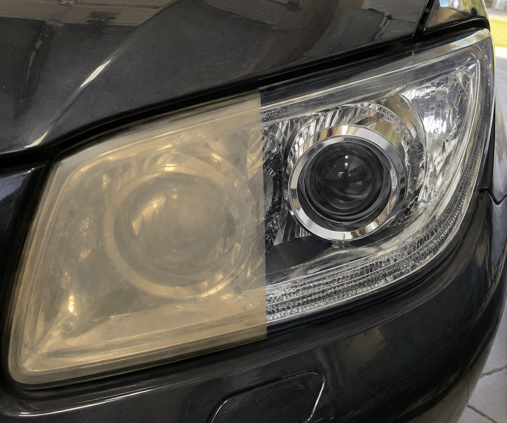 half and half comparison of foggy headlights and clear headlight