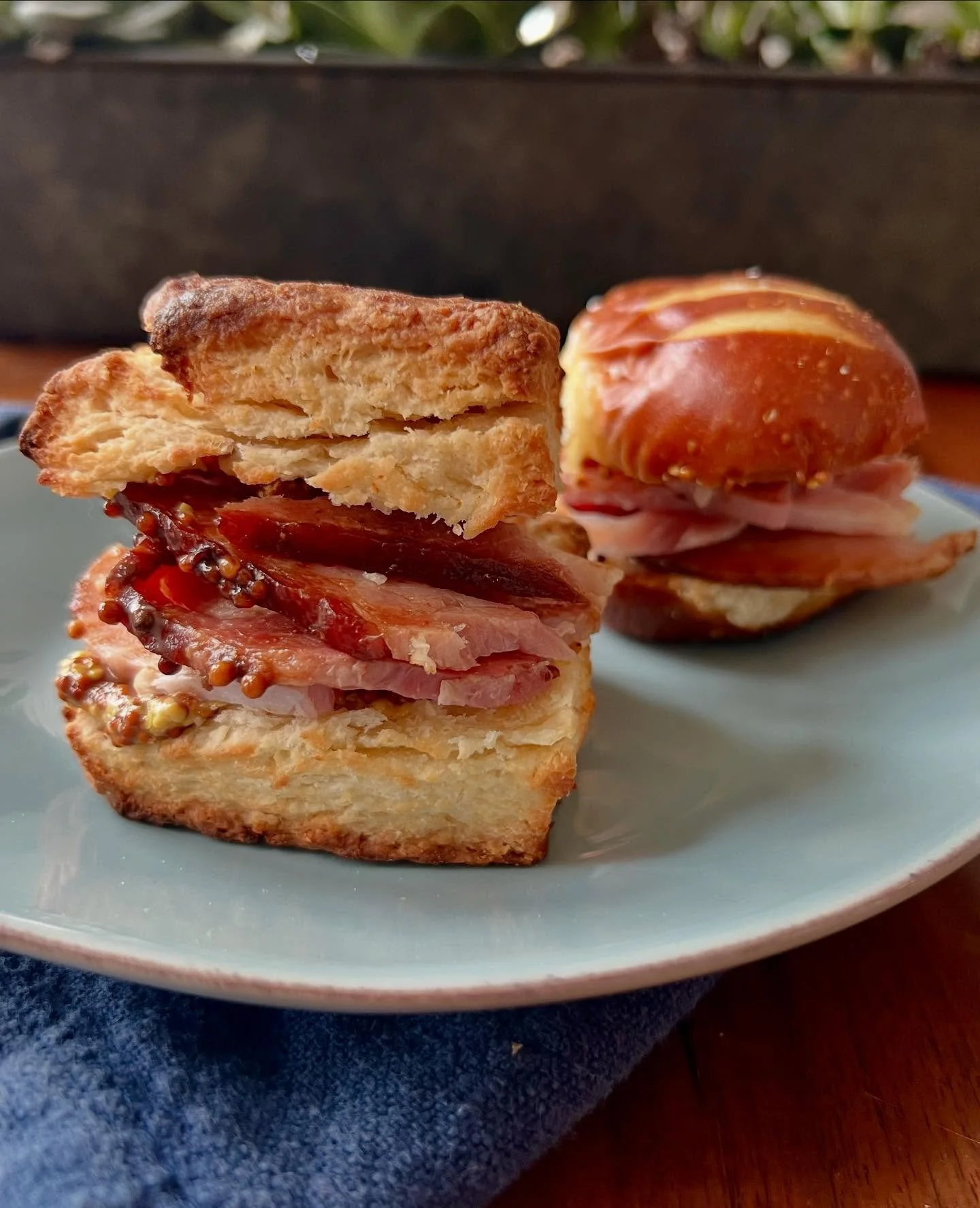 Recipe for the easiest Sunday/Easter/anytime dinner:
Pick up a spiral ham, on the bone. (Toss the seasoning packet!)
Heat your oven to 425F. Whisk together 1/3 cup each grainy mustard, balsamic vinegar, and syrup (I used cider syrup, maple syrup is g
