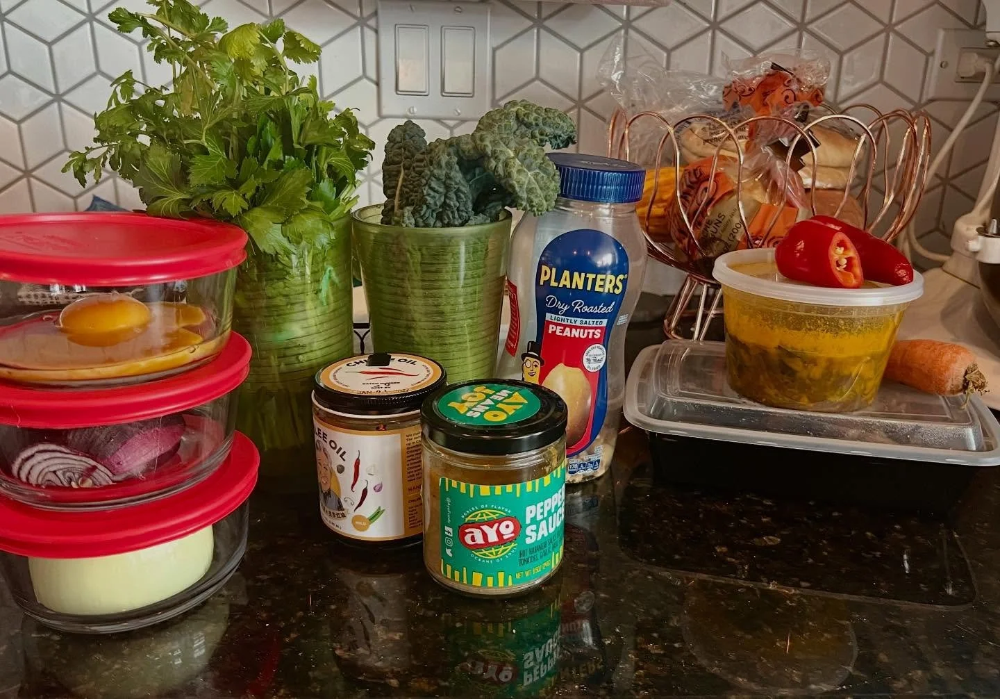 Today&rsquo;s lunch mission: clear out 6 containers and use up some of the random stuff in the fridge, freezer, and pantry. Fried rice FTW!

How it started: peanuts, kale, cilantro, two onion halves, 1 lonely carrot, 3 garlic cloves, leftover rice fr