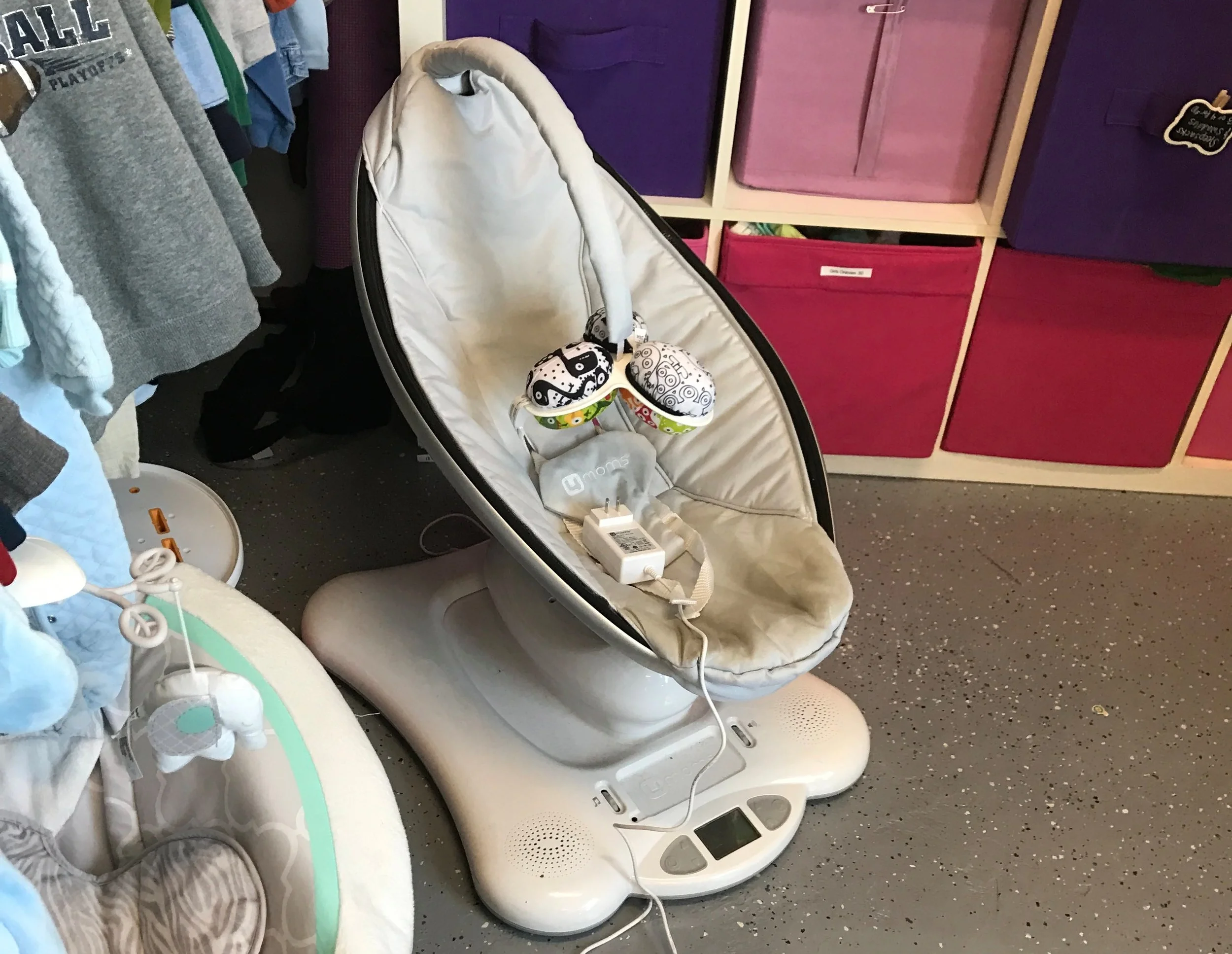 A virtually new motorized baby swing. Although this is a highly-rated $250 product, it was handed off to Goodwill to free up space because it was only effective for a few weeks.