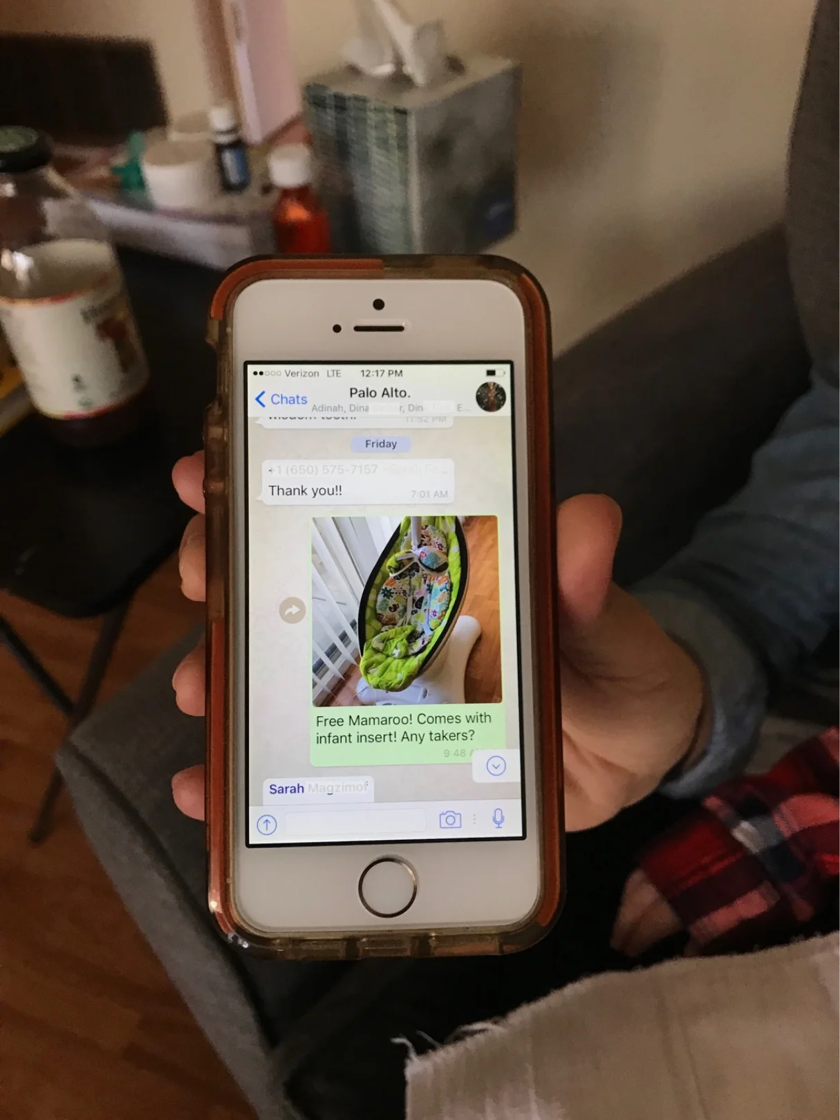 Attempting to hand off a swing to a mom Whatsapp group