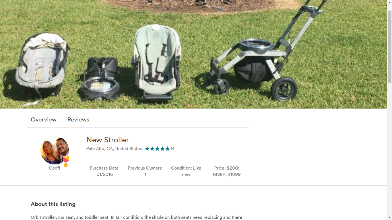 A lightweight prototype we used to assess willingness to buy gear from other parents. Done in 10 minutes using Google Chrome “inspect element” functionality to inject different photos and HTML into an existing Airbnb page.