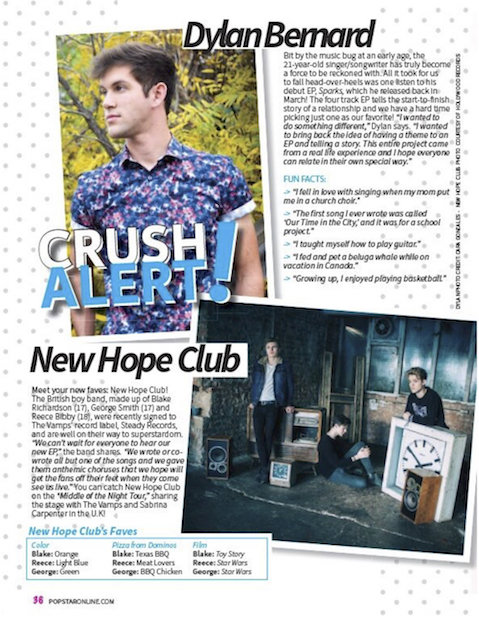 Crush Alert! Popstar! Magazine Print Feature.