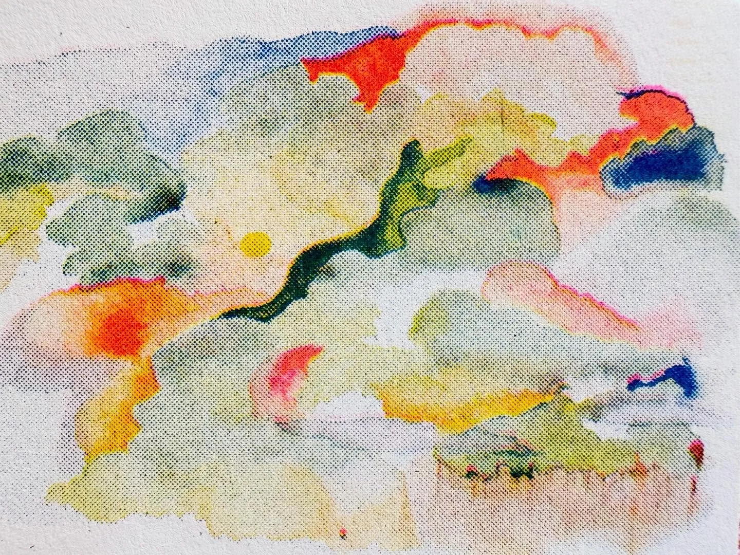 riso print ( 3 color - yellow,pink,blue ) of a watercolor from awhile back ~> loved the shimmering, misty quality of the halftones of the print ~> so i experimented by layering yellow, pink, blue dots on paper with a brush ~> unlocked the lo