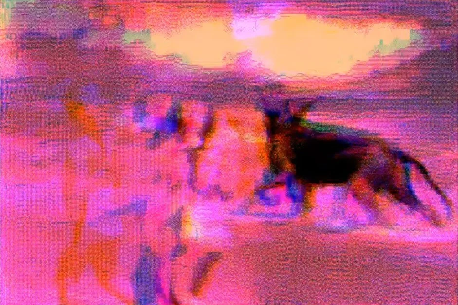 me &amp; george! y2kish.

experimenting with misregistrating RGB video matrices (and dithering). a couple stills from a few iterations and the OG video. and a snippet of misregistered video 🤹&zwj;♀️. #videoart #beachbaby