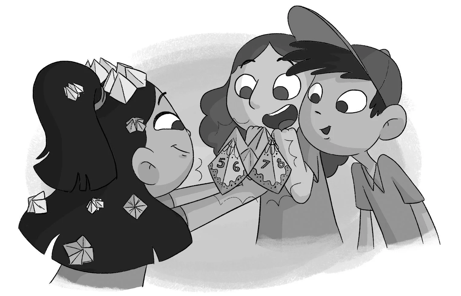 Tilda, Binky and Harry playing with a chatterbox.