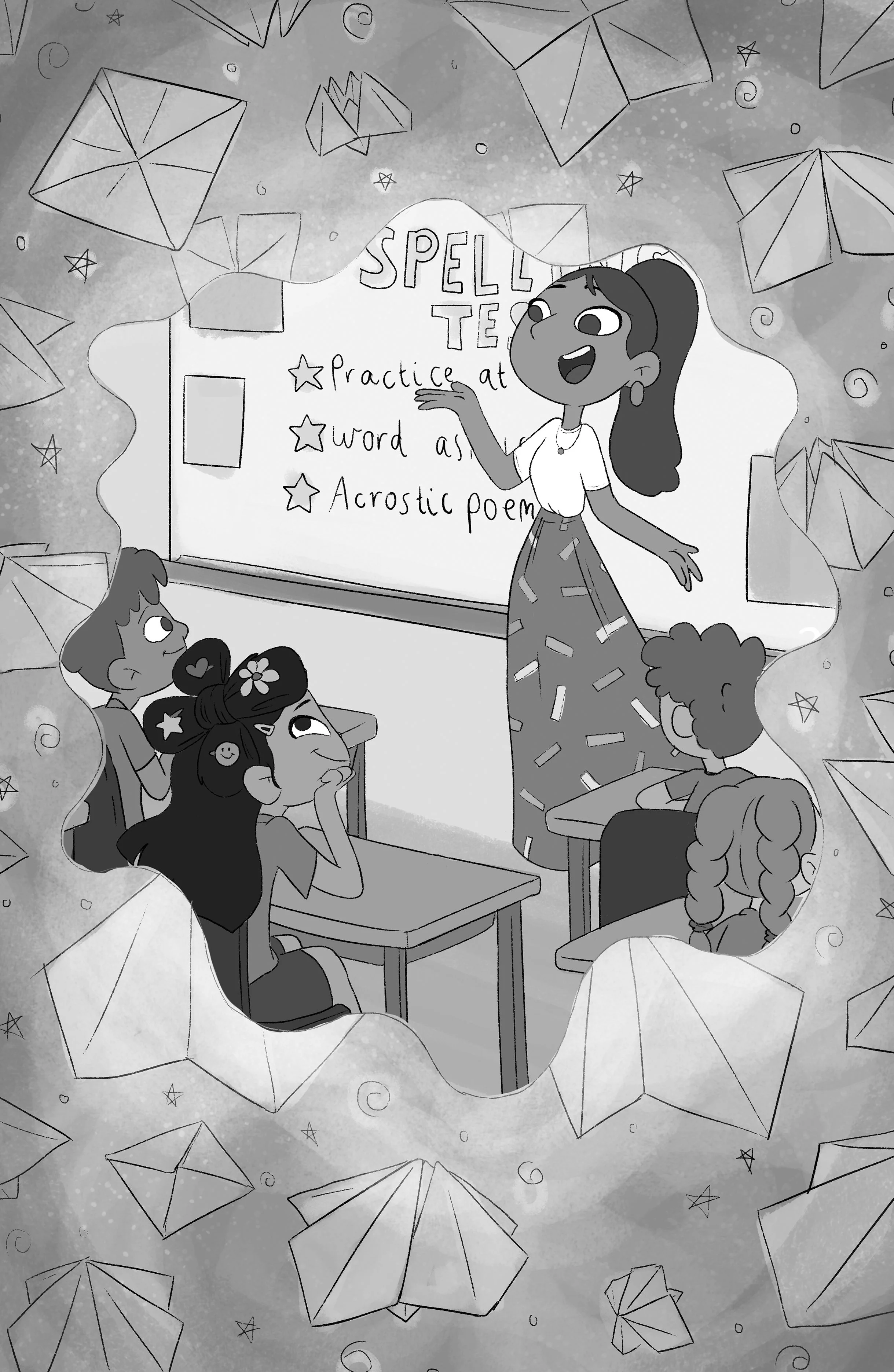 Tilda in class daydreaming about chatterboxes.