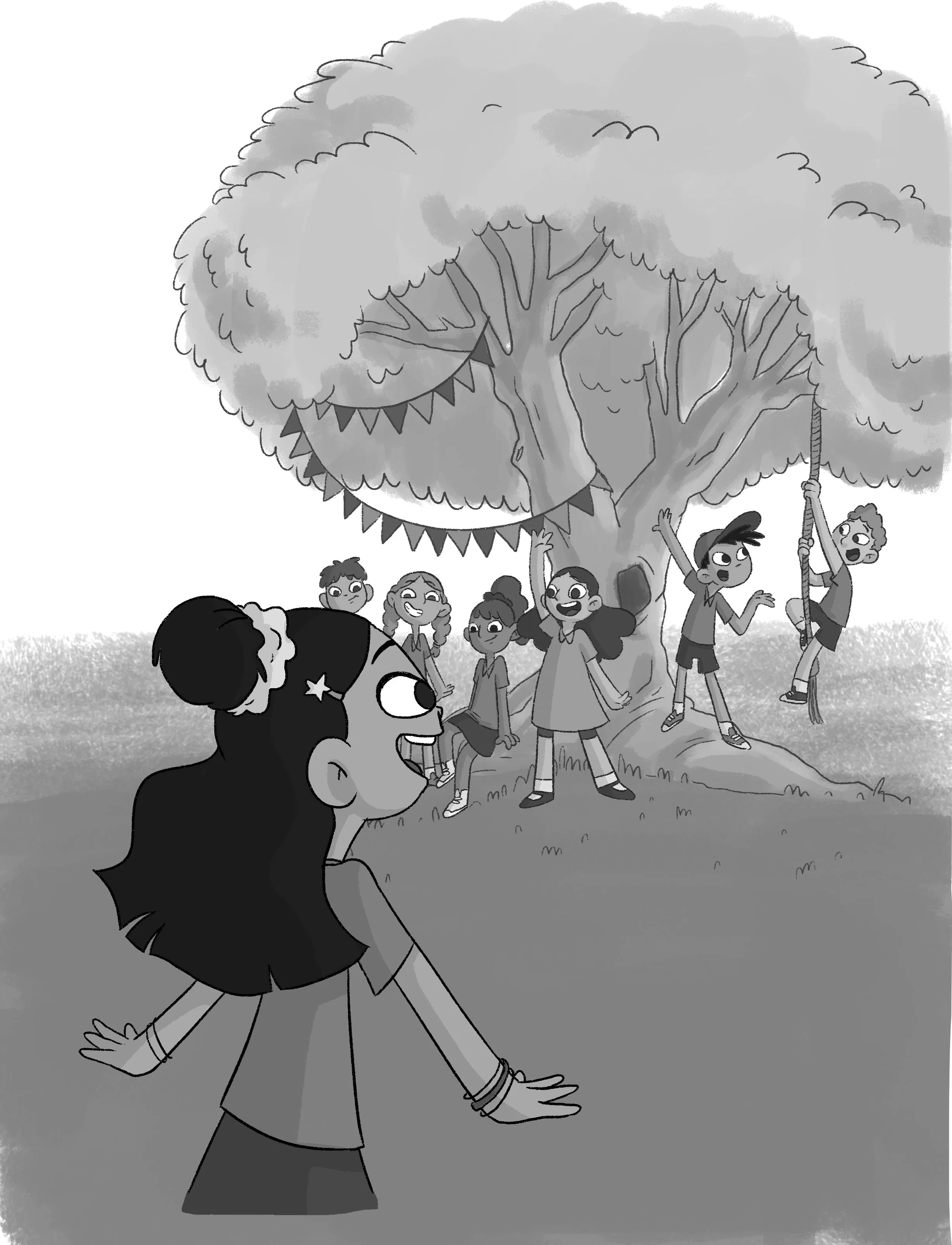 Tilda seeing a group of friends under a tree.