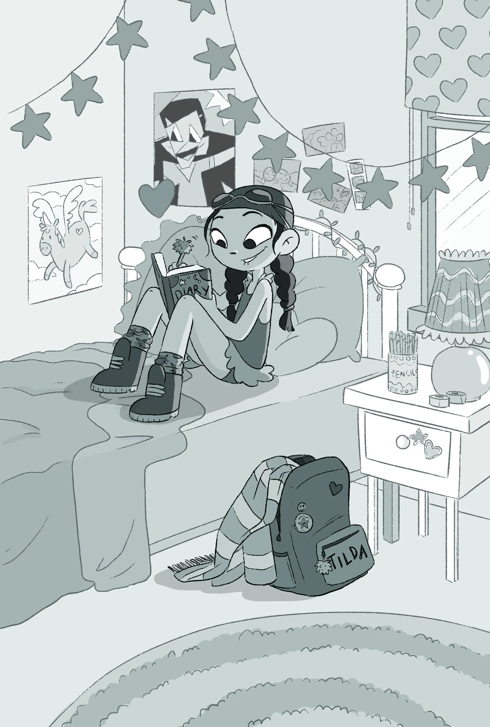 Tilda sitting on her bed reading.