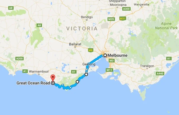 Map from Melbourne to Great Ocean Road