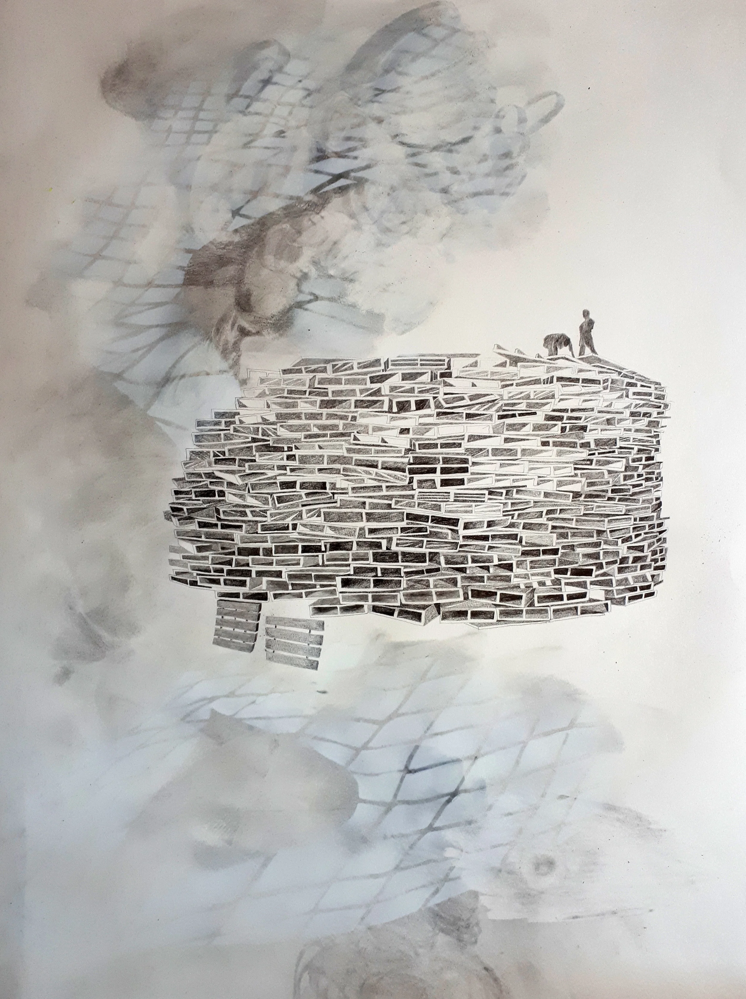Graphite powder, graphite, spray paint on paper.