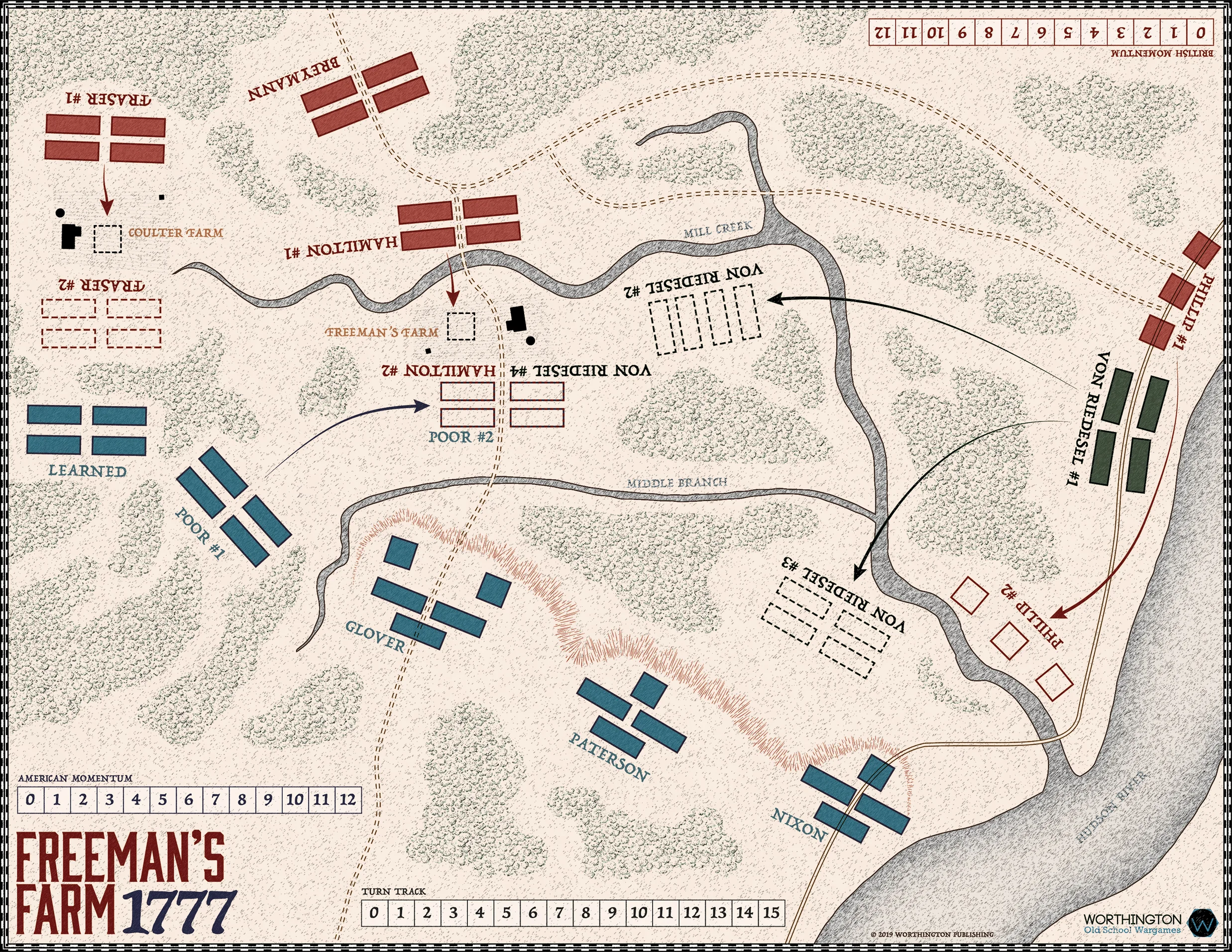 The game board map represents the Freeman's Farm Battlefield and the American and British formations that fought in the battle. The opposing formations can attack each other and move to and contest various positions on the battlefield to gain advantages.