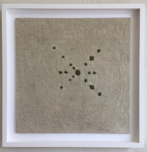 Morning Ritual , 2017 33 x 33cm framed, UV60 glass. Linen dyed with Matcha tea, embroidery thread.