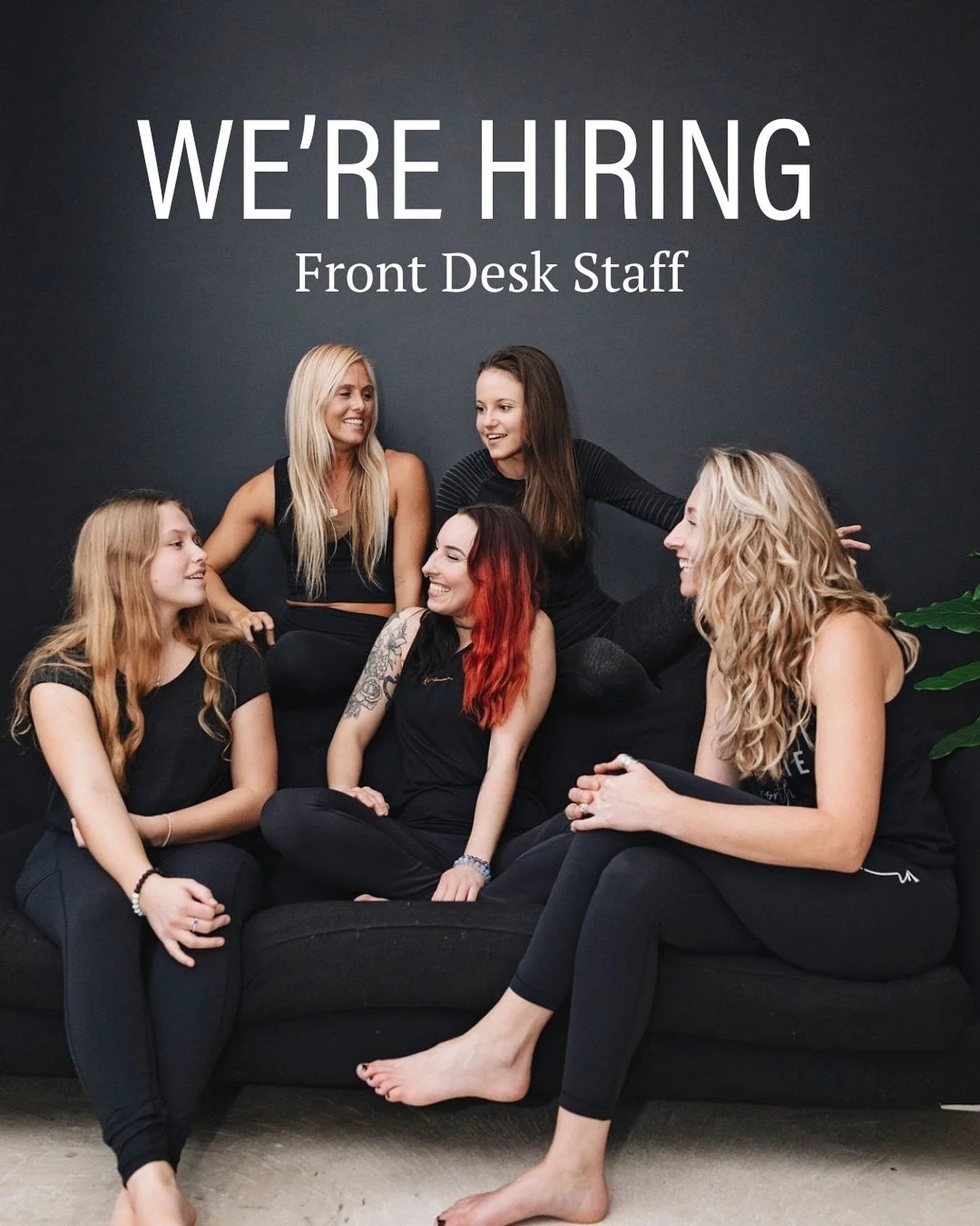 Join our tem! We&rsquo;re seeking enthusiastic individuals to be the welcoming face of our studio. If you excel in customer service, organization, and thrive in a positive environment, we&rsquo;d love to hear from you! Come be a part of our wellness-