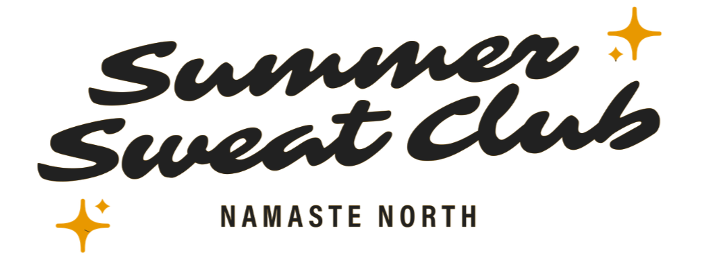 Logo for Summer Sweat Club with stylized text and small decorative stars, and the phrase 'Namaste North' below.