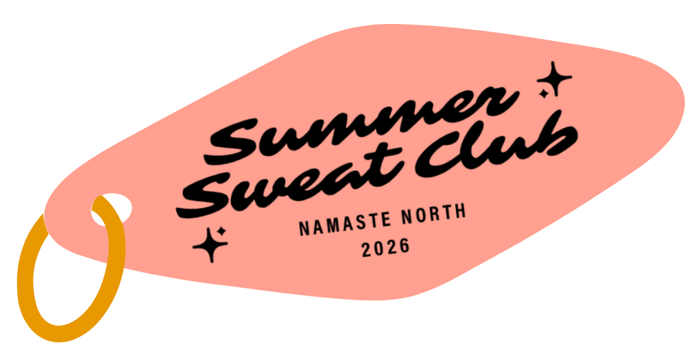 Pink keychain tag with black text that reads "Summer Sweat Club," with smaller text "NAMASTE NORTH 2026" and small star decorations.