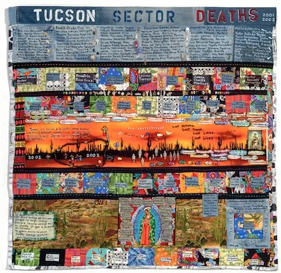 “TUCSON SECTOR 2001-2002, 163 deaths” made by Cornelia Bayley of Green Valley, Arizona, 44.5″ h x 47″ w.