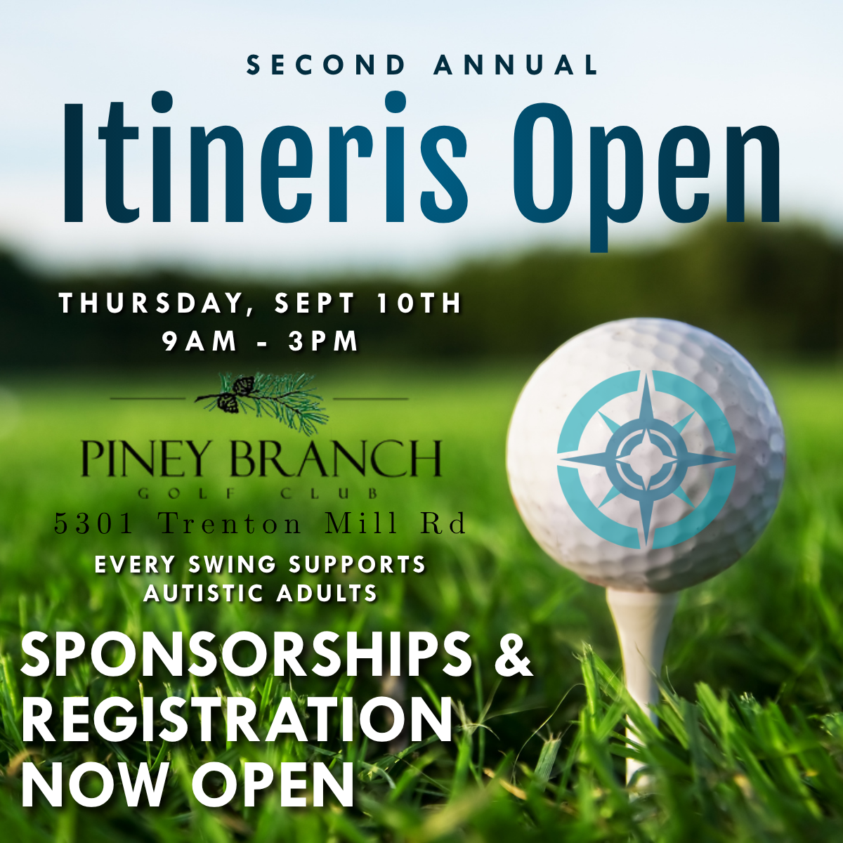 a golf ball on a tee with the itineris logo. second annual itineris open thursday september 10th from 9 am to 3 pm. piney branch golf club. sponsorships and registration now open.