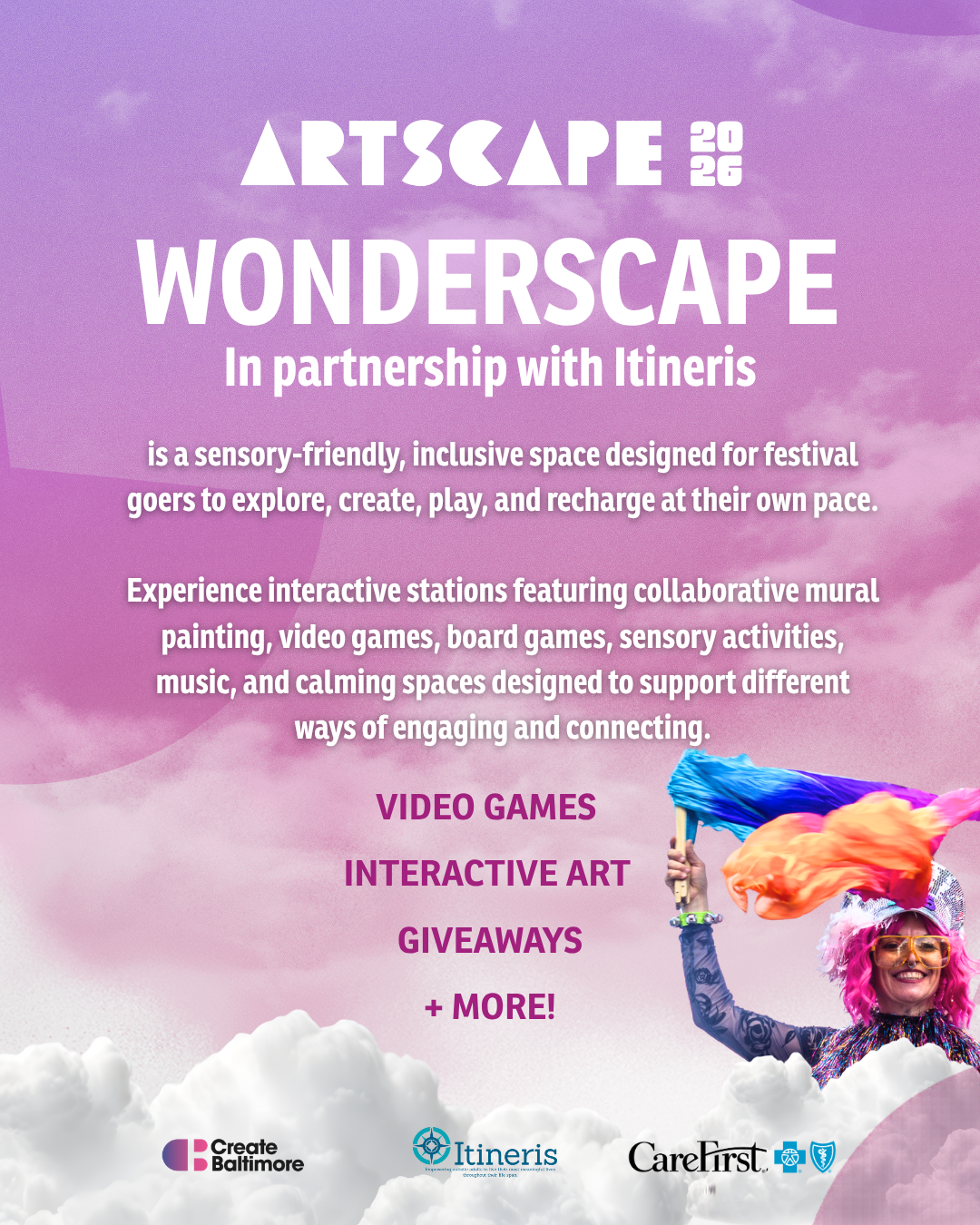 a pink flyer with clouds describing wonderscape in partnership with itineris.