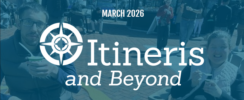 Itineris and Beyond Newsletter title page for March. Picture of two autistic adults eating italian ice.