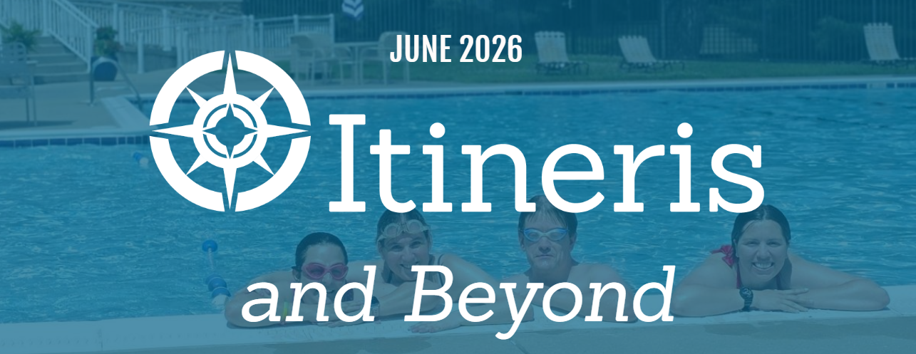 a group of adults leaning on the edge of an in ground pool, wearing goggles. text reads june 2026. itineris and beyond.