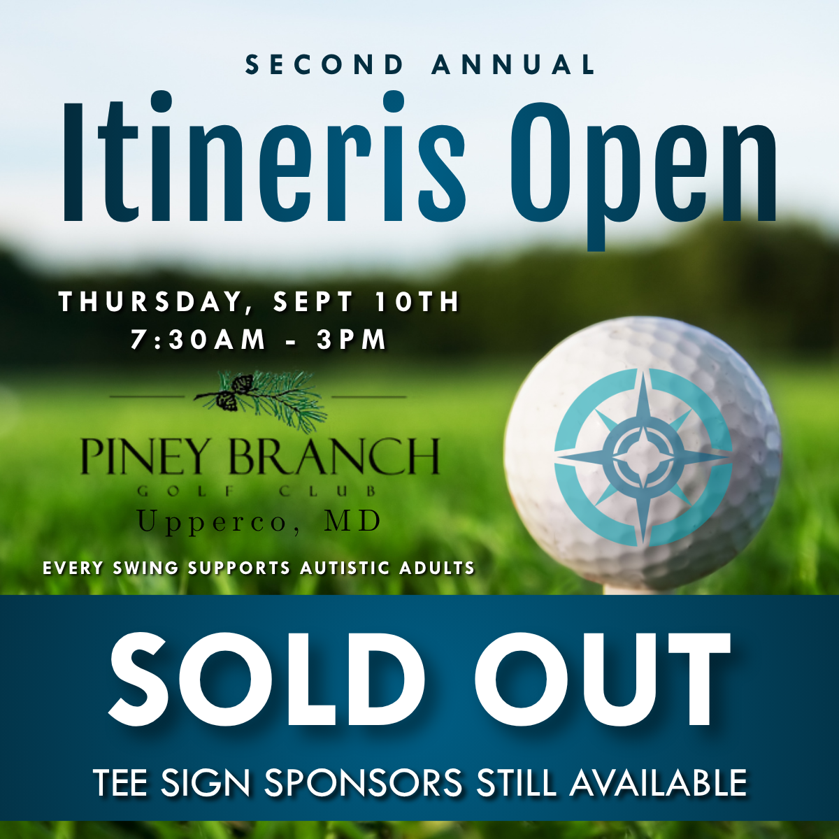 a green grass graphic with text that reads second annual itineris open sold out. tee sign sponsors still available.