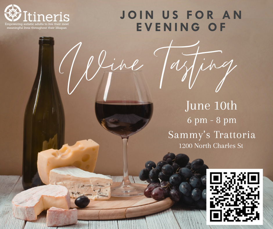 a brown and white graphic for wine tasting with a glass of red wine, cheeses, and grapes. the text reads Join us for an evening of wine tasting june 10th at sammy's trattoria. there is a qr code.