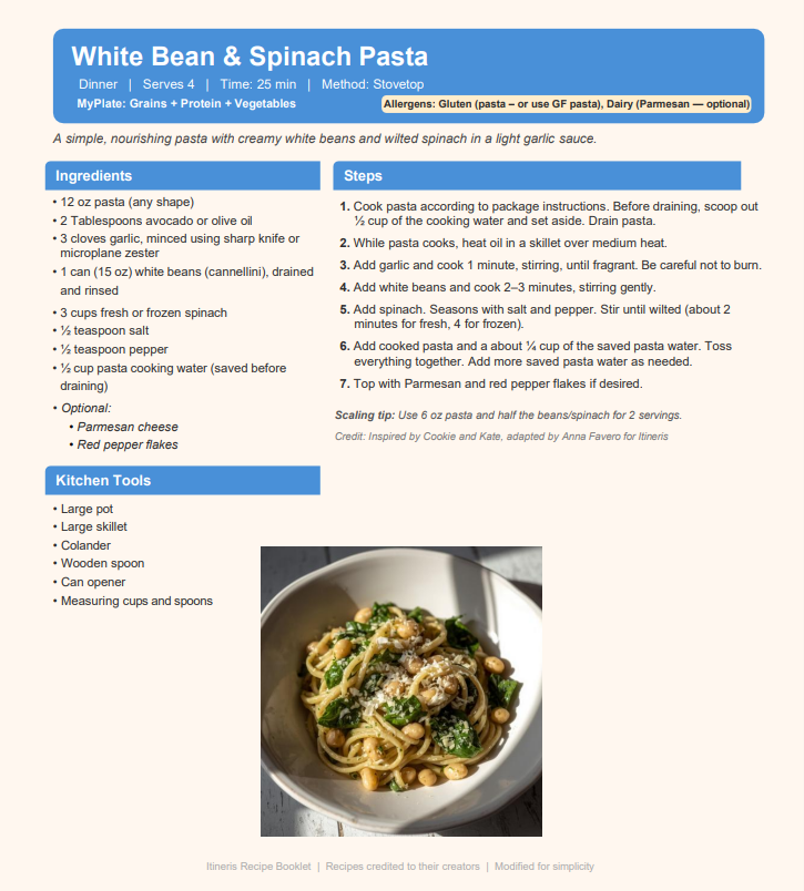 an image for a recipe on how to make white bean and spinach pasta.