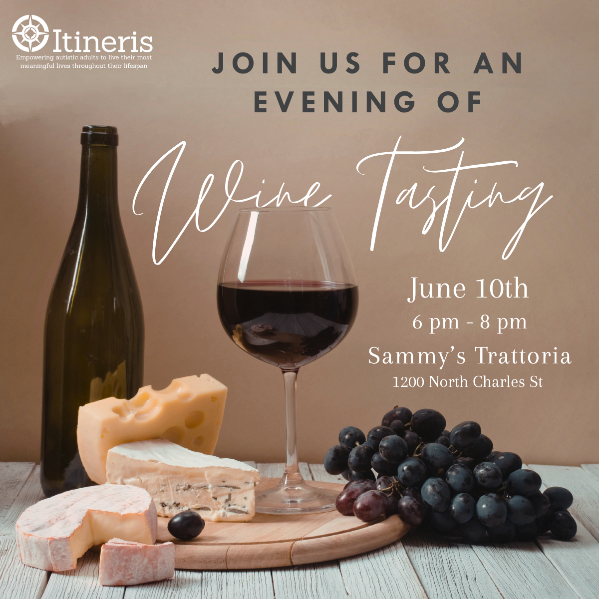a brown and white background image with a wine glass cheese and grapes. text reads "join us for an evening of wine tasting, june 10th at sammy's trattoria."