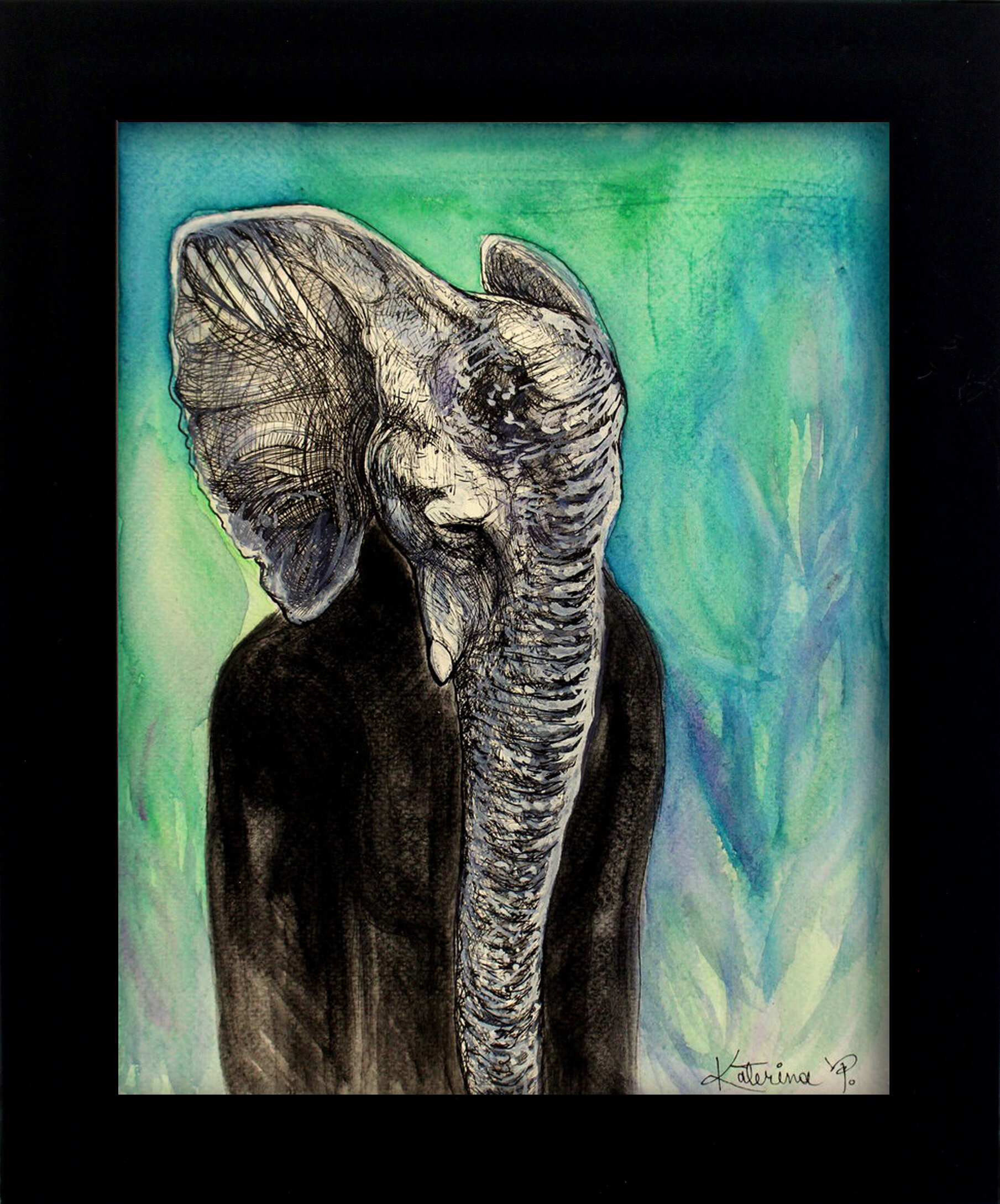 Katerina Pravda Art original art Critically Endangered Elephant ink and watercolor mixed media drawing painting - final.jpg