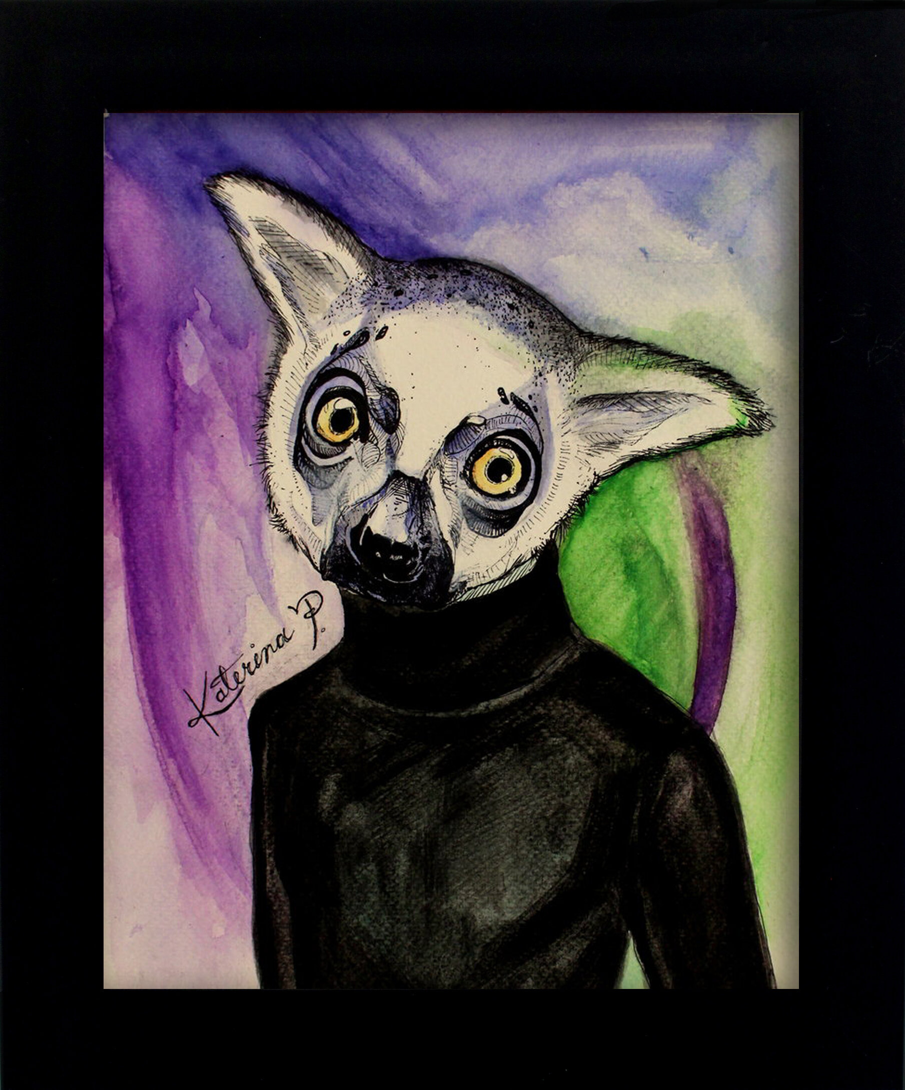 Katerina Pravda Art original art Critically Endangered Lemur ink and watercolor mixed media drawing painting - final.jpg