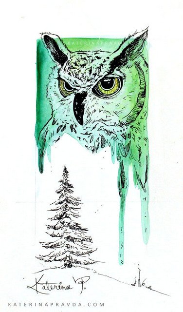 Katerina Pravda Art original art Great Horned Owl Woodland Series ink and watercolor mixed media drawing painting wm3 (2).jpg