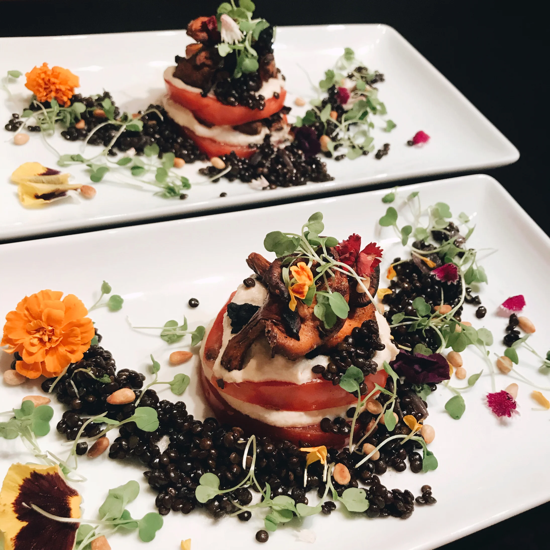 Chanterelles with Tomatoes, Black Lentils, and Pine Nut Cream