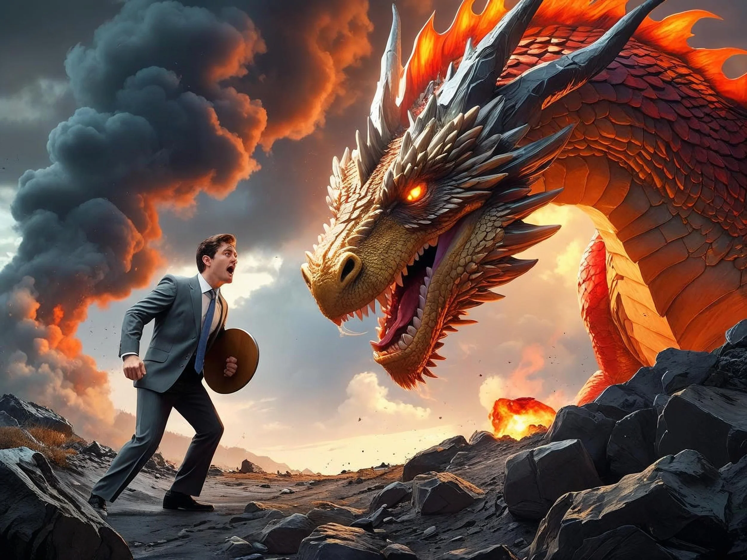 A man in a suit holding a hat screams at a giant fiery dragon in a dramatic landscape with volcanic eruptions and dark clouds.