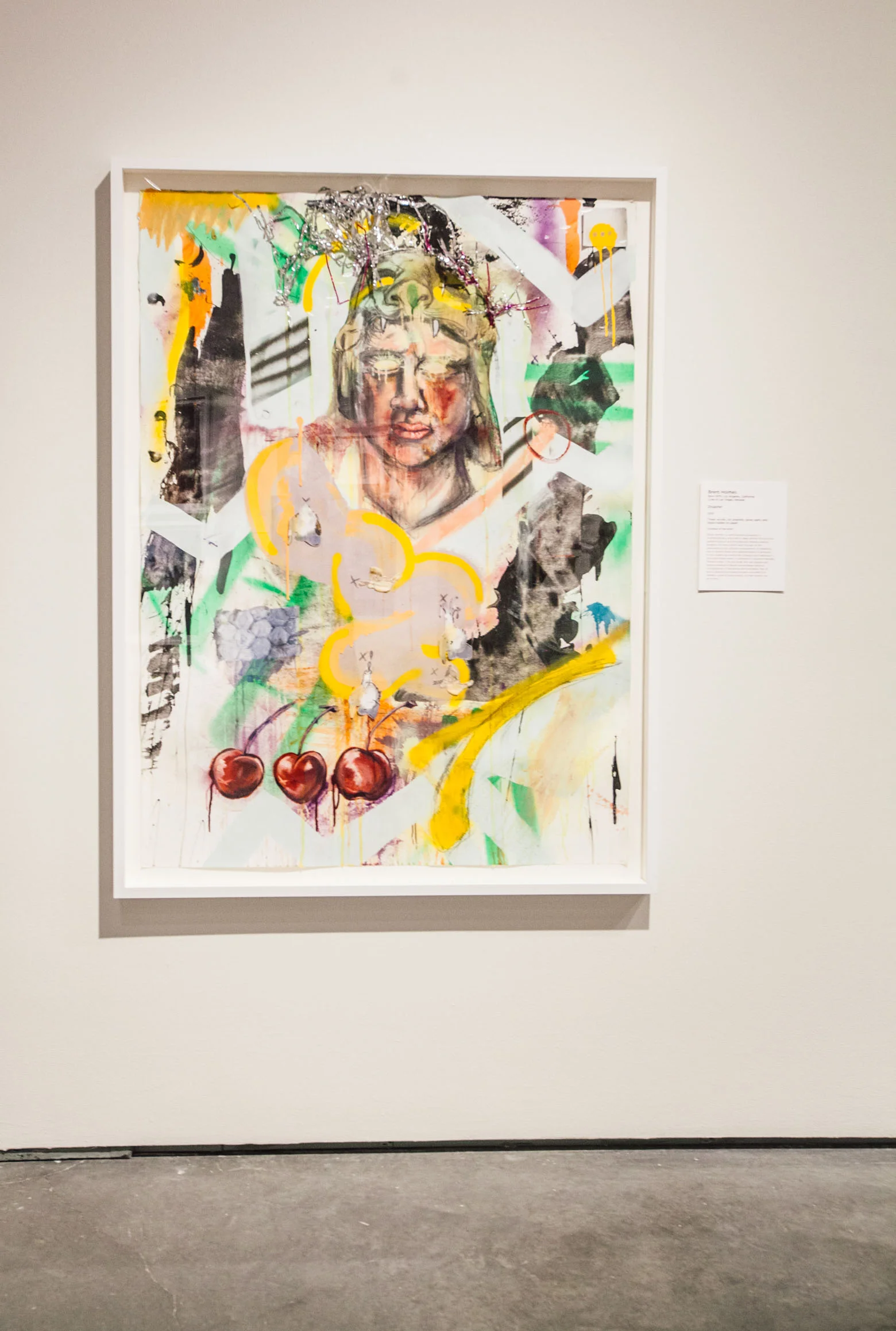 Brent Holmes, disaster, tinsel, acrylic, oil, graphite, spray paint, liquid rubber, on paper, 63″ x 44″ 2015. (Photo Krystal Ramirez)