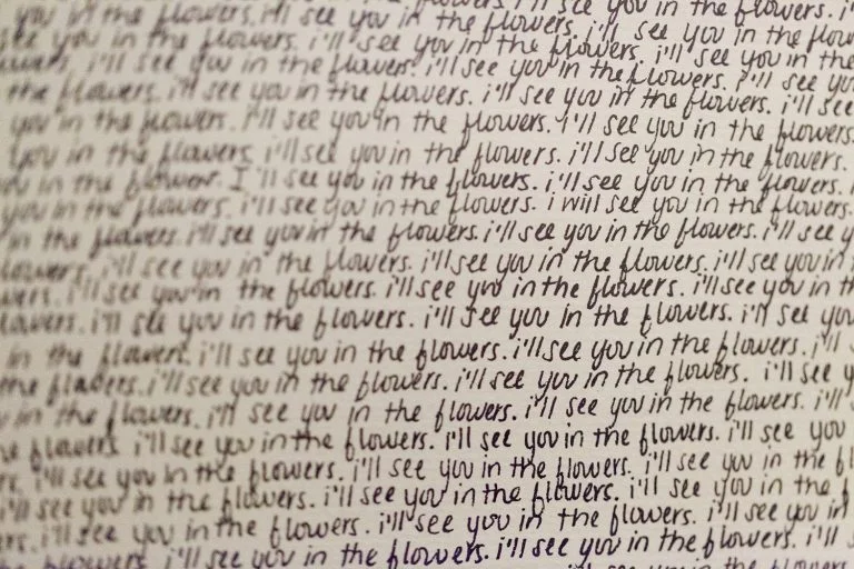 Krystal Ramirez Untitled (detail) 2011, handwritten pieces, paper, ink, pencil, 4′ x 2′. From the Disintegration exhibition.