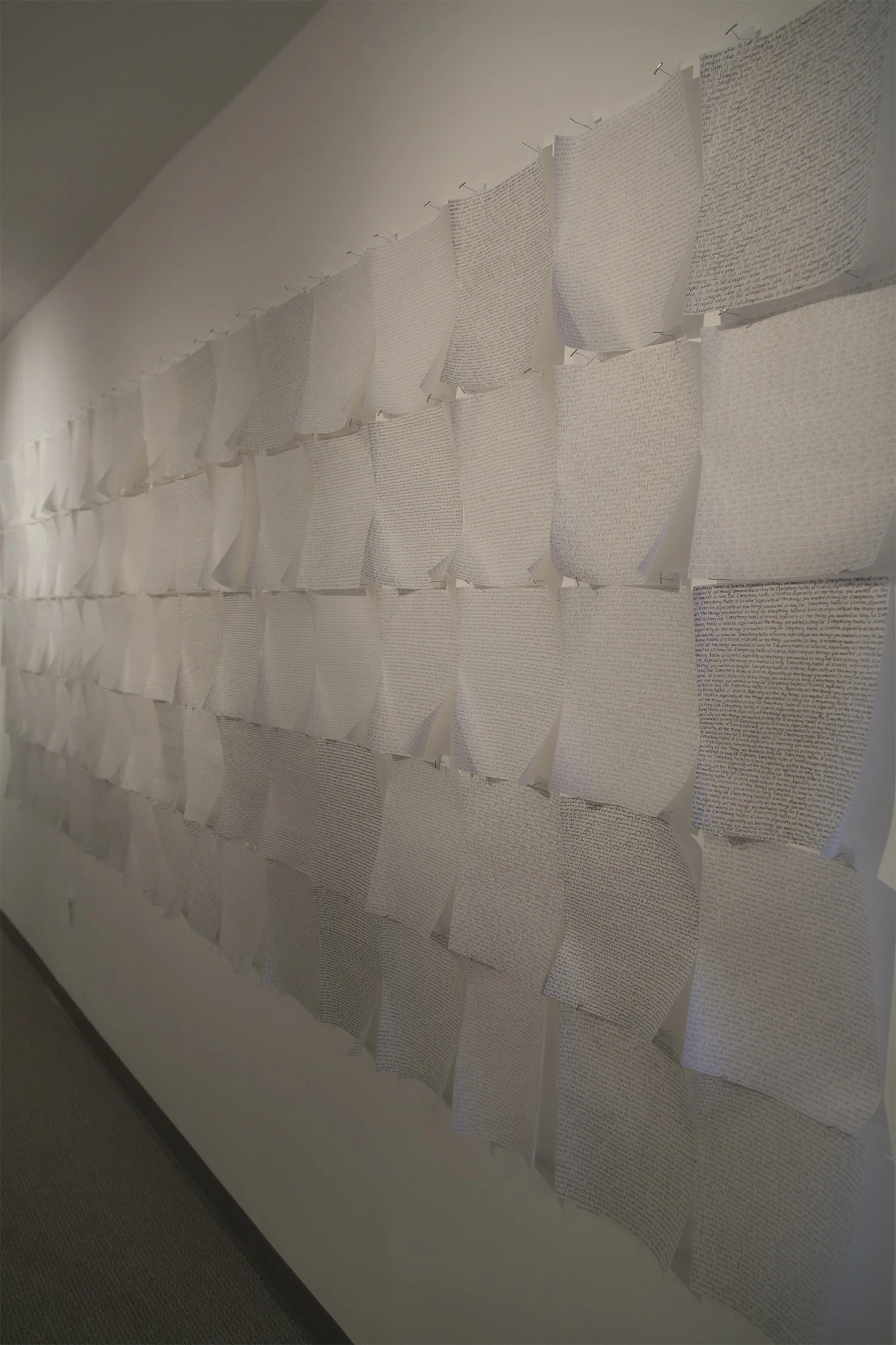 Krystal Ramirez Untitled 2013, onion skin, typewriting paper, ink, pencil, 10′ x 5′. From the I’m Sorry We Lied exhibition.