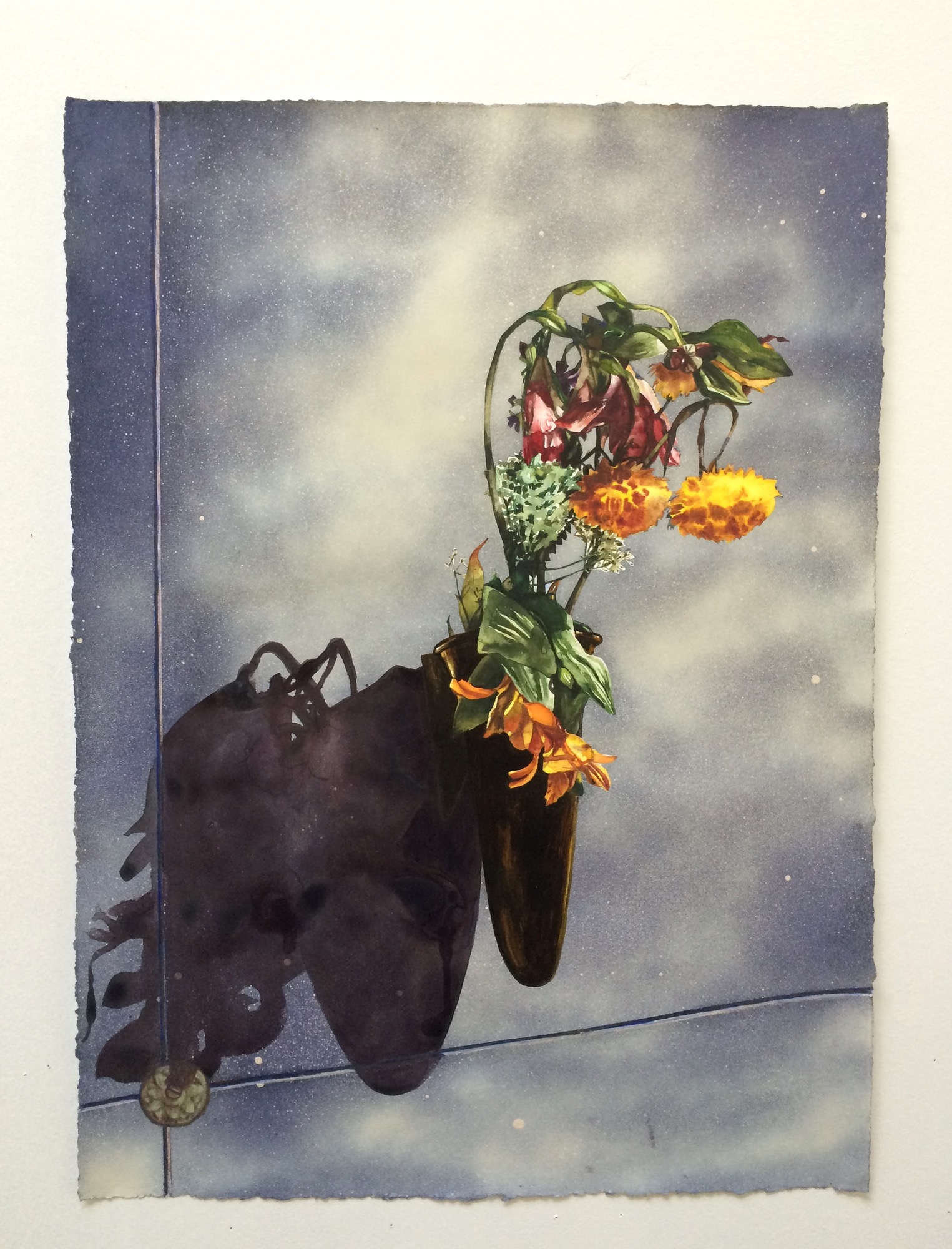 Serna Cole, Left For Dead IV, Watercolor, acrylic, and spray paint on paper, 20″ x 16″, 2016