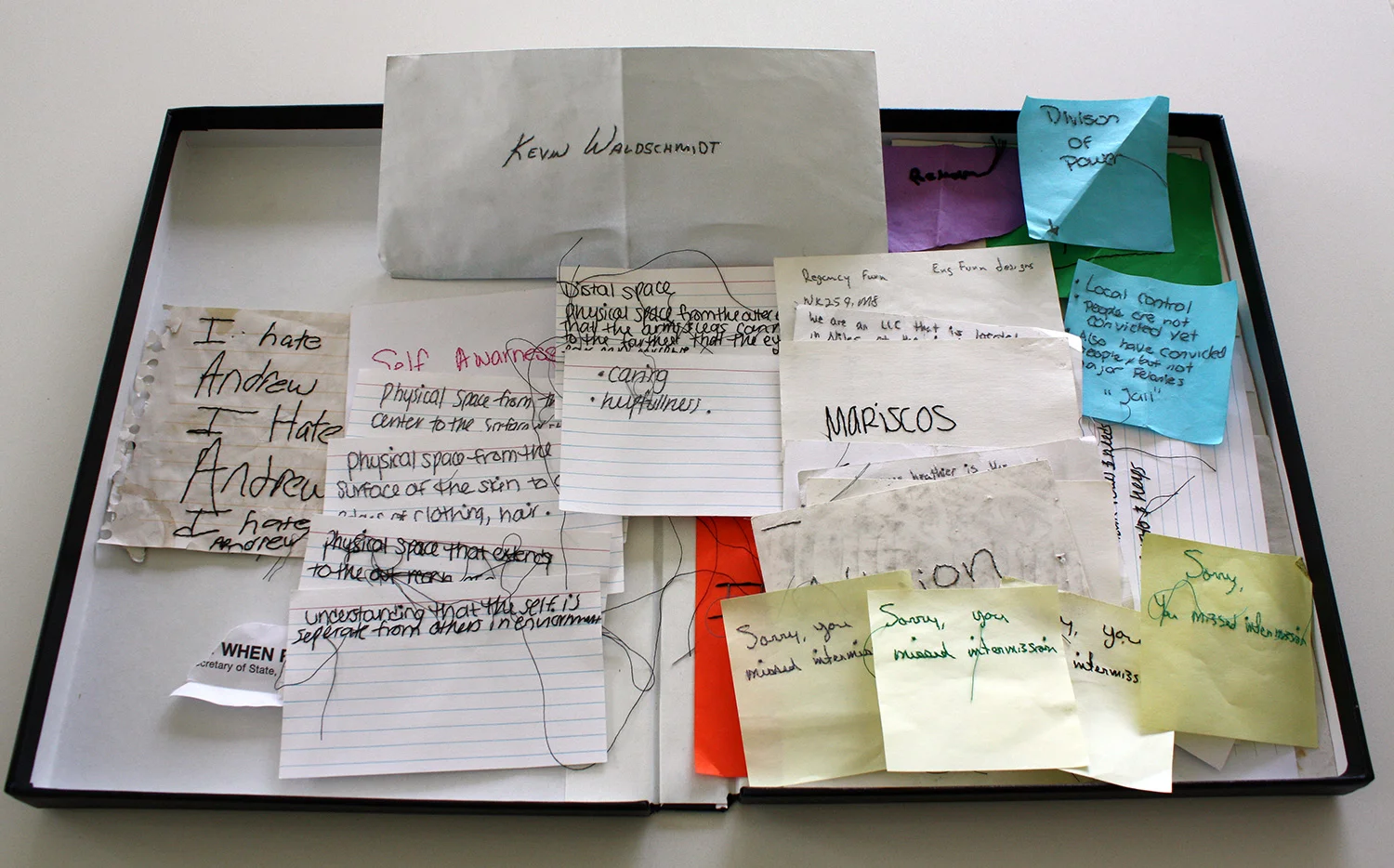 Marc Dombrosky, Case 5 / Untitled (I hate Andrew) 2017, 40 elements: thirty-seven (37) hand-embroidered found papers and envelope, printed paper fragments, Foster Grant prescription reading glasses. Image courtesy the Artist and Platform Gallery.