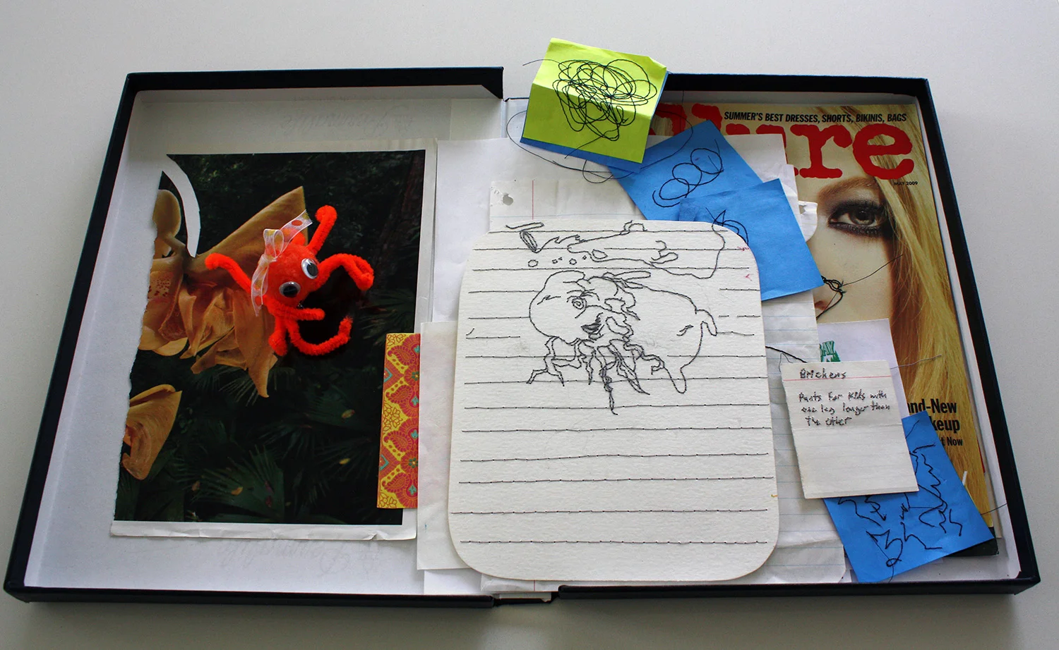 Marc Dombrosky, Case 3 / Untitled (You Most Likely Can do it. Good Luck) 2017, 27 elements: twenty-one (21) hand-embroidered found papers, octopus pin, raffle tickets, found magazine clippings; case is a Century Archival Storage box measuring 12.375 x 9.375 x 1 inches, closed. From the series "Self Awareness." 
