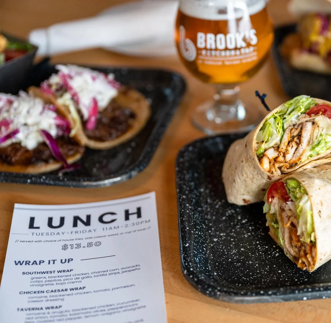 Your midday just got more delicious with our NEW lunch drops at Brook's Kitchen & Tap! 🤩
Featuring savory new sandwiches & wraps like our Smoked Sausage Sandwich, Taverna Wrap, Short Rib Tacos, Classic Lunch Burger, and more! 
✨ Lunch menu