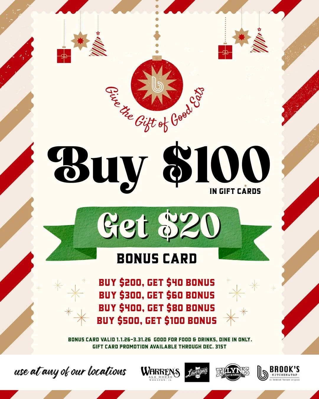 🌟 𝐂𝐲𝐛𝐞𝐫 𝐌𝐨𝐧𝐝𝐚𝐲 - 𝐁𝐮𝐲 𝐌𝐨𝐫𝐞, 𝐁𝐨𝐧𝐮𝐬 𝐌𝐨𝐫𝐞!

Get a $20 Bonus* for every $100 in gift cards purchased! 

Buy $100 ➡️ $20 Bonus
Buy $200 ➡️ $40 Bonus
Buy $300 ➡️ $60 Bonus
Buy $400 ➡️ $80 Bonus
Buy $500 ➡️ $100 Bonus

Use at any 