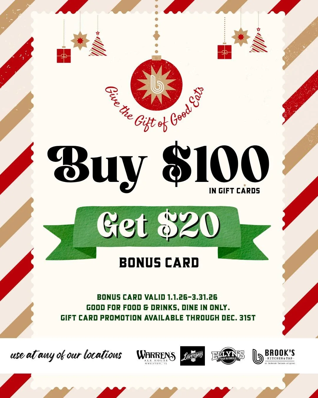 ✨ 𝗢𝘂𝗿 𝗛𝗼𝗹𝗶𝗱𝗮𝘆 𝗚𝗶𝗳𝘁 𝗖𝗮𝗿𝗱 𝗕𝗼𝗻𝘂𝘀 𝗶𝘀 𝗕𝗔𝗖𝗞!

Now through December 31st, buy $100 in gift cards and get a $20 bonus card*! 

Give the gift of good eats for everyone on your list, and get a bonus for yourself!

Order gift cards 