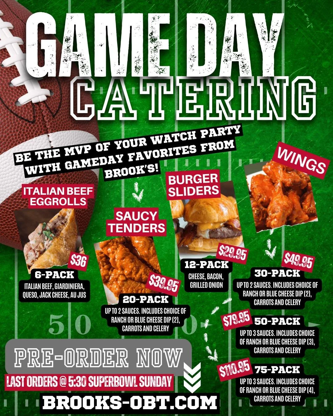🏈 Don't fumble-- Be the MVP of the Big Game with GameDay Catering packs from Brook's Kitchen &amp; Tap! Featuring your Brook's favorites, but enough to feed a crowd! 

✅ Italian Beef Eggrolls [6 pack]
✅ Saucy Tenders [20 pcs]
✅ Burger Sliders [12 pa
