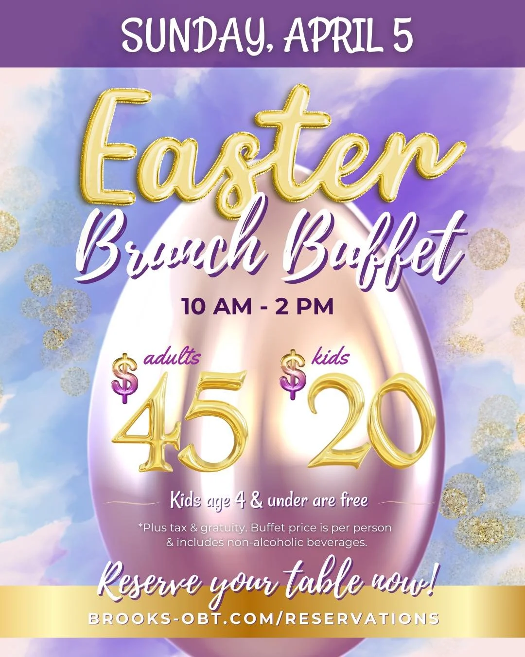 🐣 🐰 𝙃𝙤𝙥 𝙩𝙤 𝙞𝙩-- 𝙞𝙩'𝙨 𝙩𝙞𝙢𝙚 𝙩𝙤 𝙢𝙖𝙠𝙚 𝙮𝙤𝙪𝙧 𝙀𝙖𝙨𝙩𝙚𝙧 𝘽𝙧𝙪𝙣𝙘𝙝 𝘽𝙪𝙛𝙛𝙚𝙩 𝙧𝙚𝙨𝙚𝙧𝙫𝙖𝙩𝙞𝙤𝙣𝙨!

Make your Easter morning epic with our delicious Brunch Buffet at Brook's Kitchen &amp; Tap! 

From our Prime Rib Carvi