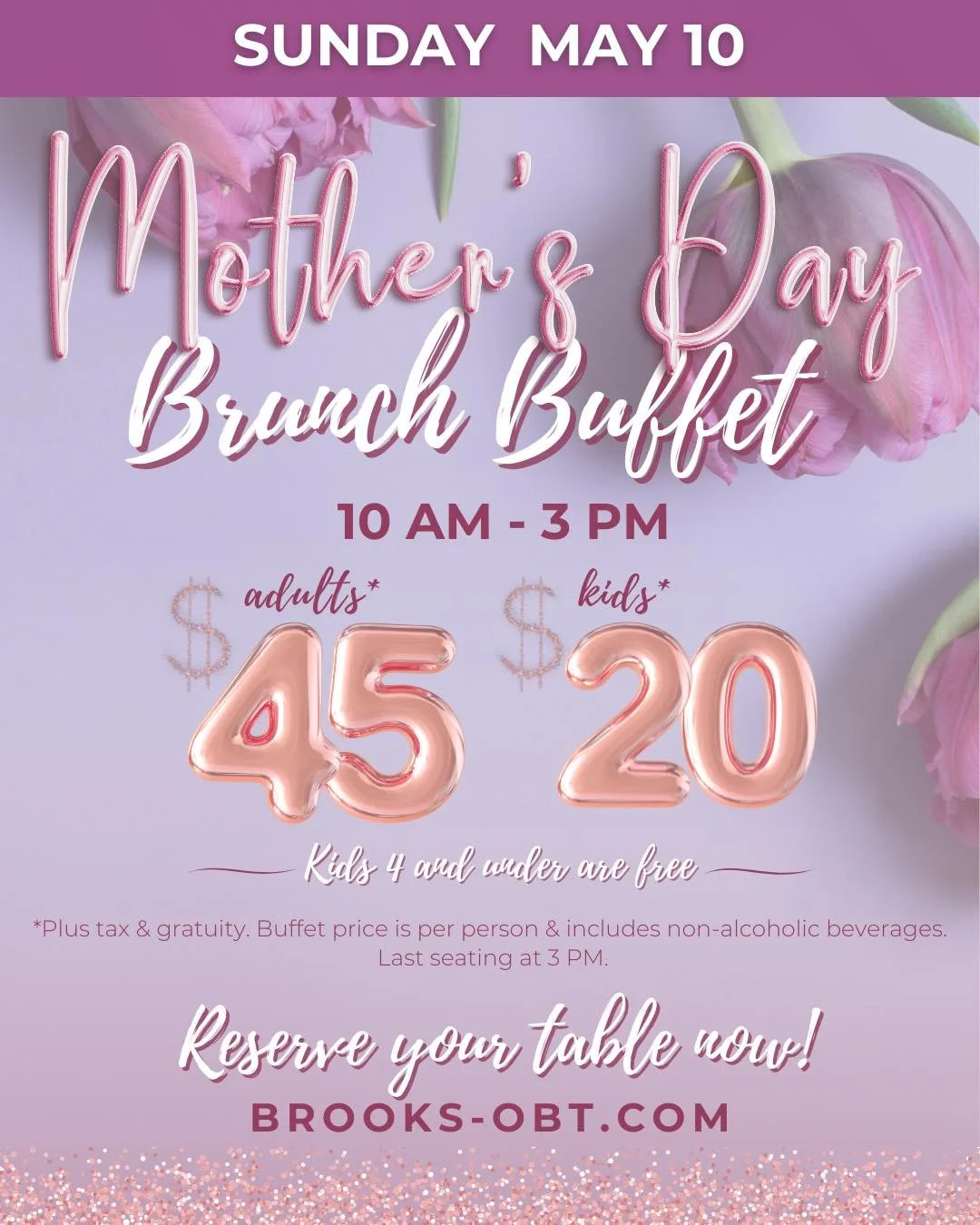 🌷🌸 𝐓𝐫𝐞𝐚𝐭 𝐌𝐨𝐦 𝐚𝐧𝐝 𝐦𝐚𝐤𝐞 𝐲𝐨𝐮𝐫 𝐫𝐞𝐬𝐞𝐫𝐯𝐚𝐭𝐢𝐨𝐧𝐬 𝐟𝐨𝐫 𝐌𝐨𝐭𝐡𝐞𝐫&rsquo;𝐬 𝐃𝐚𝐲 𝐁𝐫𝐮𝐧𝐜𝐡 𝐚𝐭 𝐁𝐫𝐨𝐨𝐤&rsquo;𝐬!

Sunday, May 10th from 10AM-3PM, celebrate the holiday with our brunch buffet at Brook's Kitchen &amp;