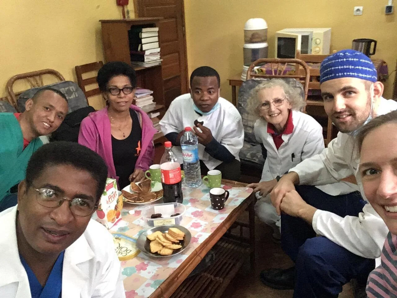 A goodbye celebration for Dr Veloson who was on clinical attachment (from left to right: Dr Marco, Dr Rado, Dr Hanitra, Dr Veloson, Dr Lesley, Dr Jesh, Dr Lucy).