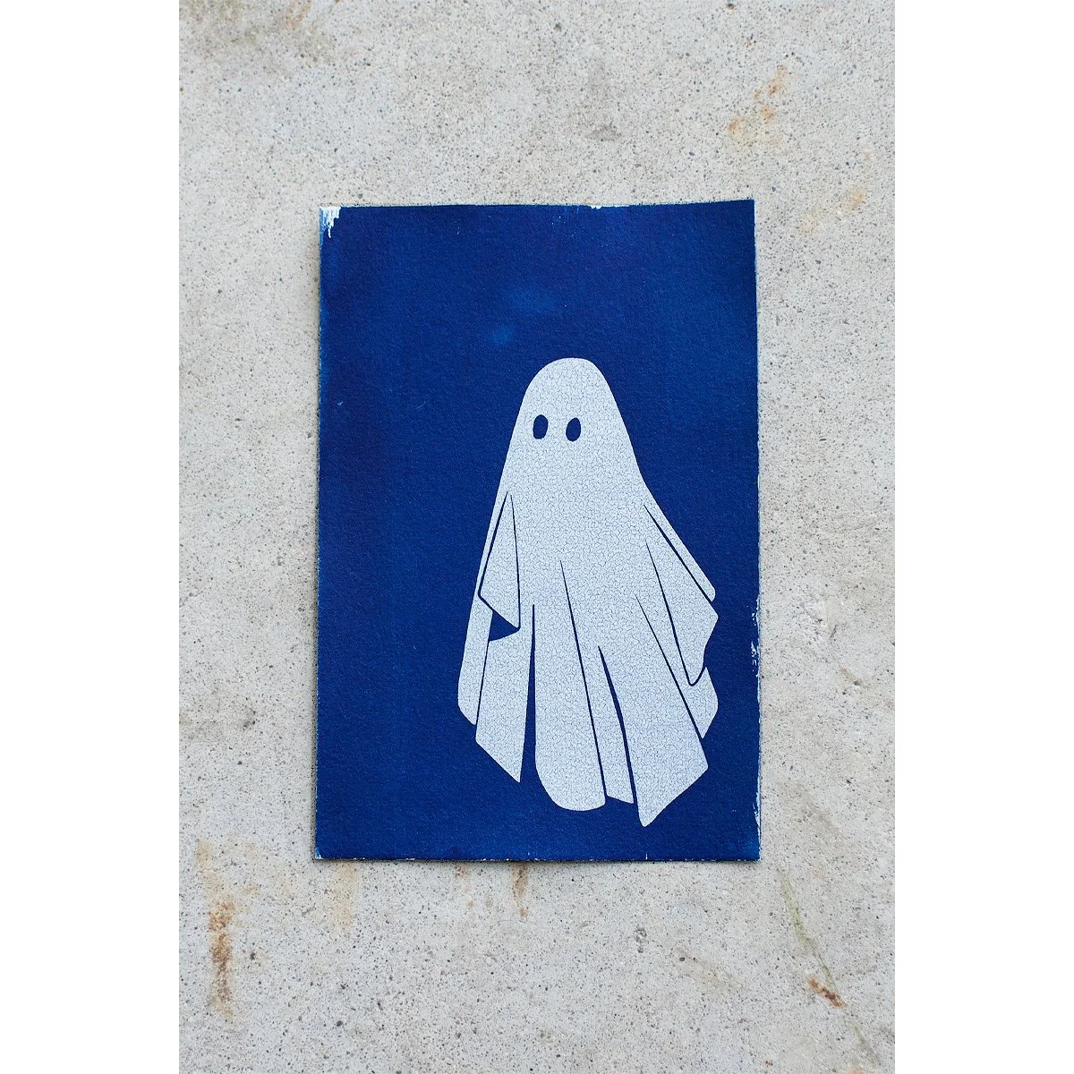 Blue and White Cyanotype handmade print of a cute ghost in motion. Handmade in Maine by photographer and artist Hannah McGowan.