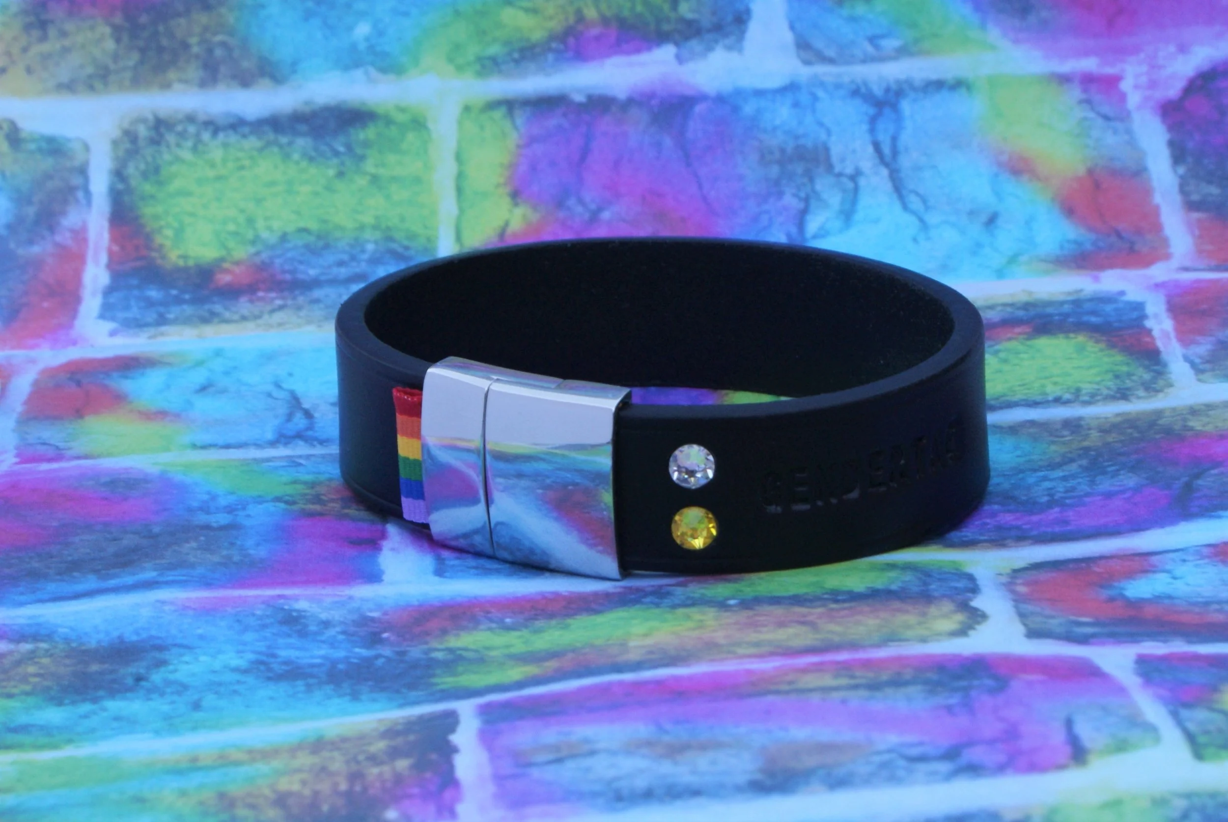 GENDERTAG Black Leather Pride Bisexual in a Relationship Bracelet LGBTQ+ Jewellery