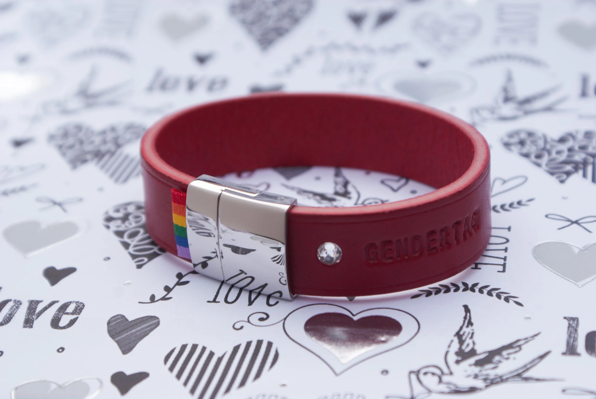 GENDERTAG Red Leather Pride Clear Crystal in a Relationship Bracelet LGBTQ+ Jewellery